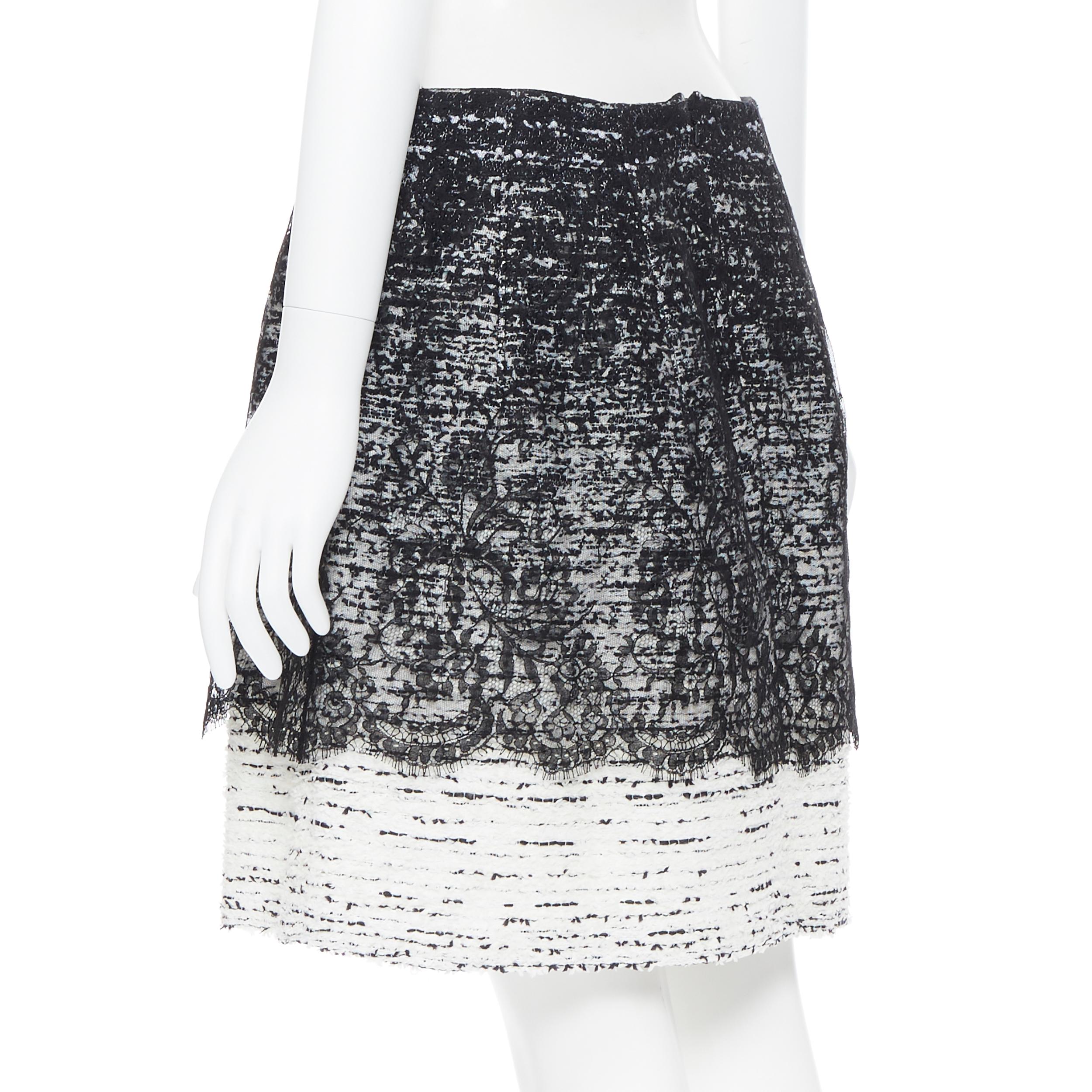 Women's OSCAR DE LA RENTA R15 black white gradient tweed lace overlay mini skirt US10
