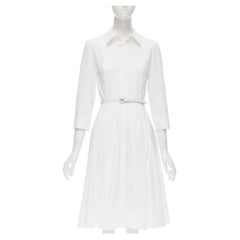 OSCAR DE LA RENTA R15 white leather belted pleated flared skirt dress US2 XS