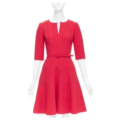 OSCAR DE LA RENTA R17 red wool blend slit neck pleated belted dress US0 XS