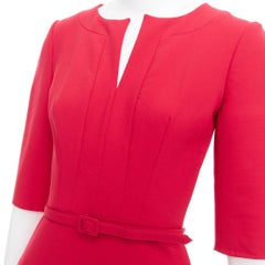 OSCAR DE LA RENTA R17 virgin wool blend slit neck pleated belted dress US0 XS