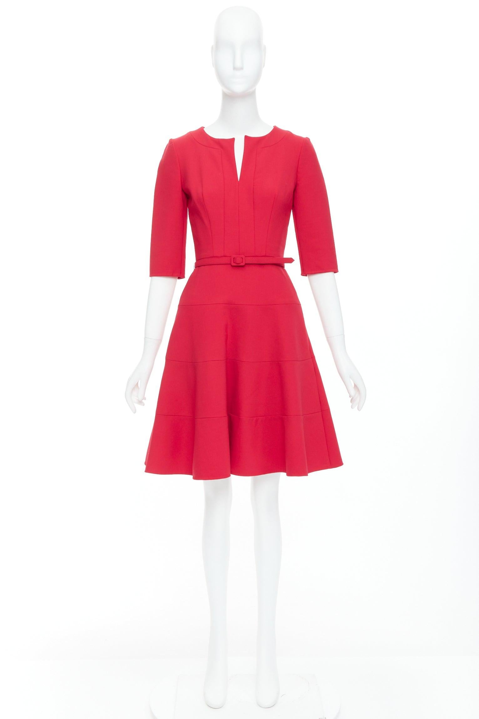 OSCAR DE LA RENTA R17 virgin wool blend slit neck pleated belted dress US0 XS For Sale 5
