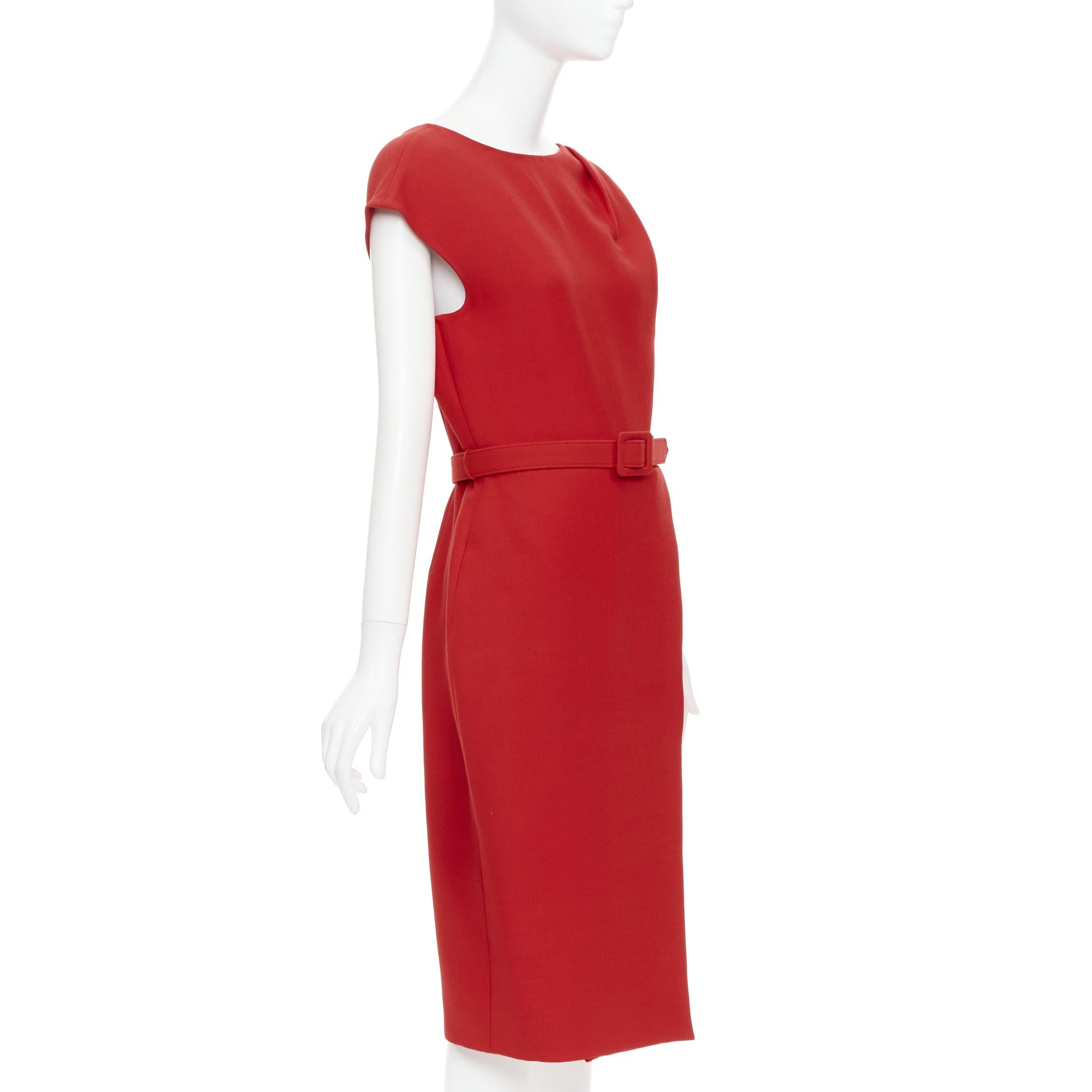 Red OSCAR DE LA RENTA R19 red wool silk cap sleeve belted sheath dress US8 L For Sale