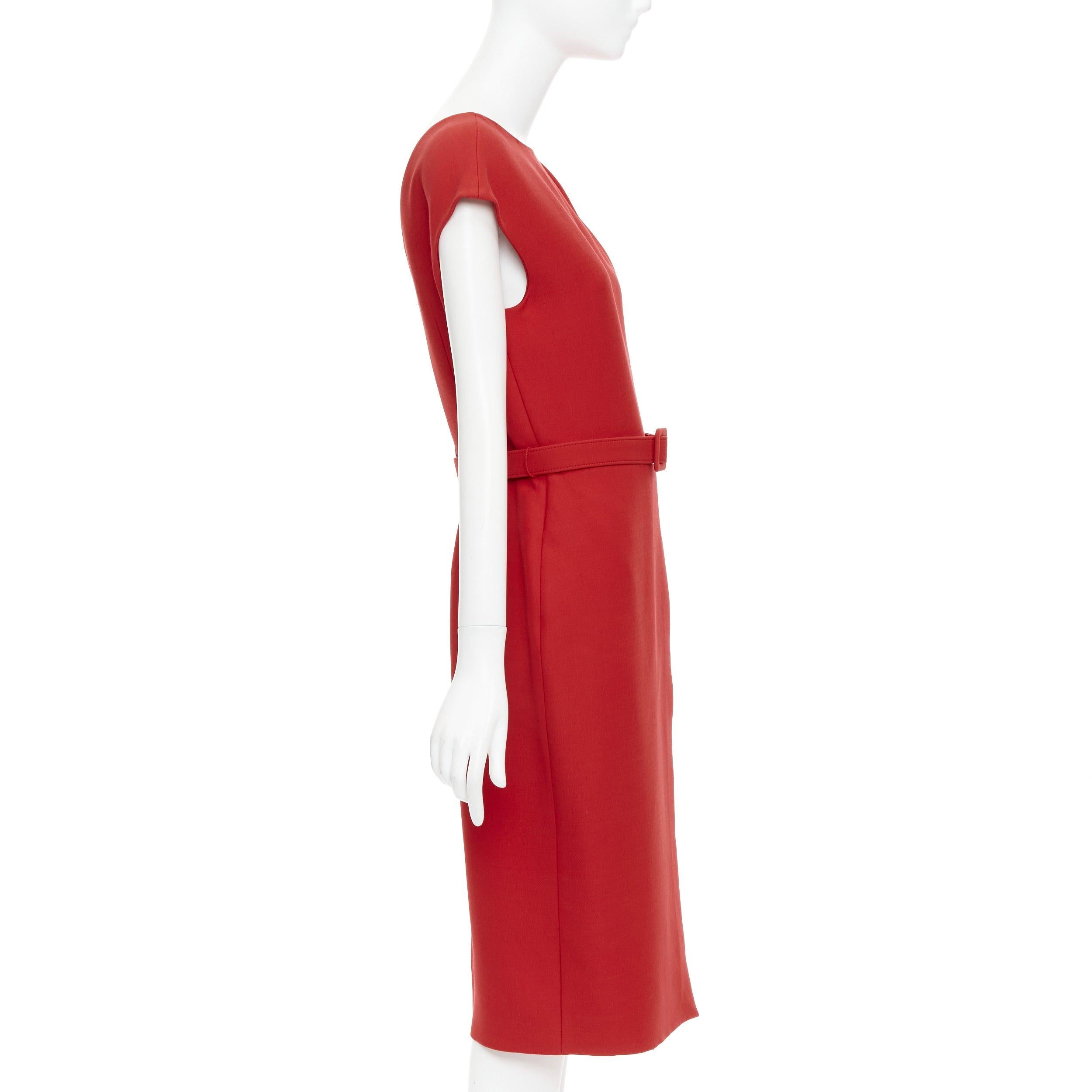 Women's OSCAR DE LA RENTA R19 red wool silk cap sleeve belted sheath dress US8 L For Sale