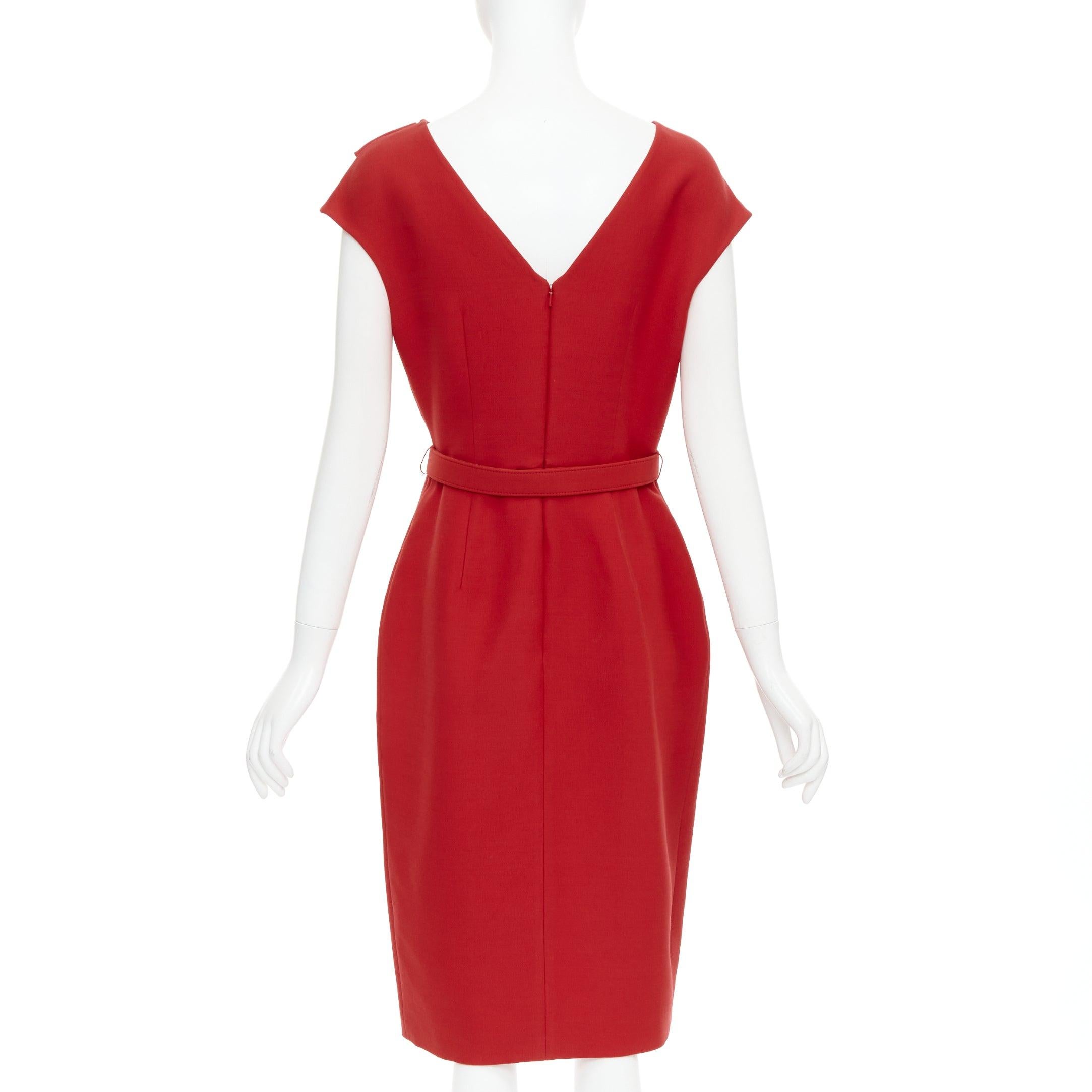 OSCAR DE LA RENTA R19 red wool silk cap sleeve belted sheath dress US8 L For Sale 1