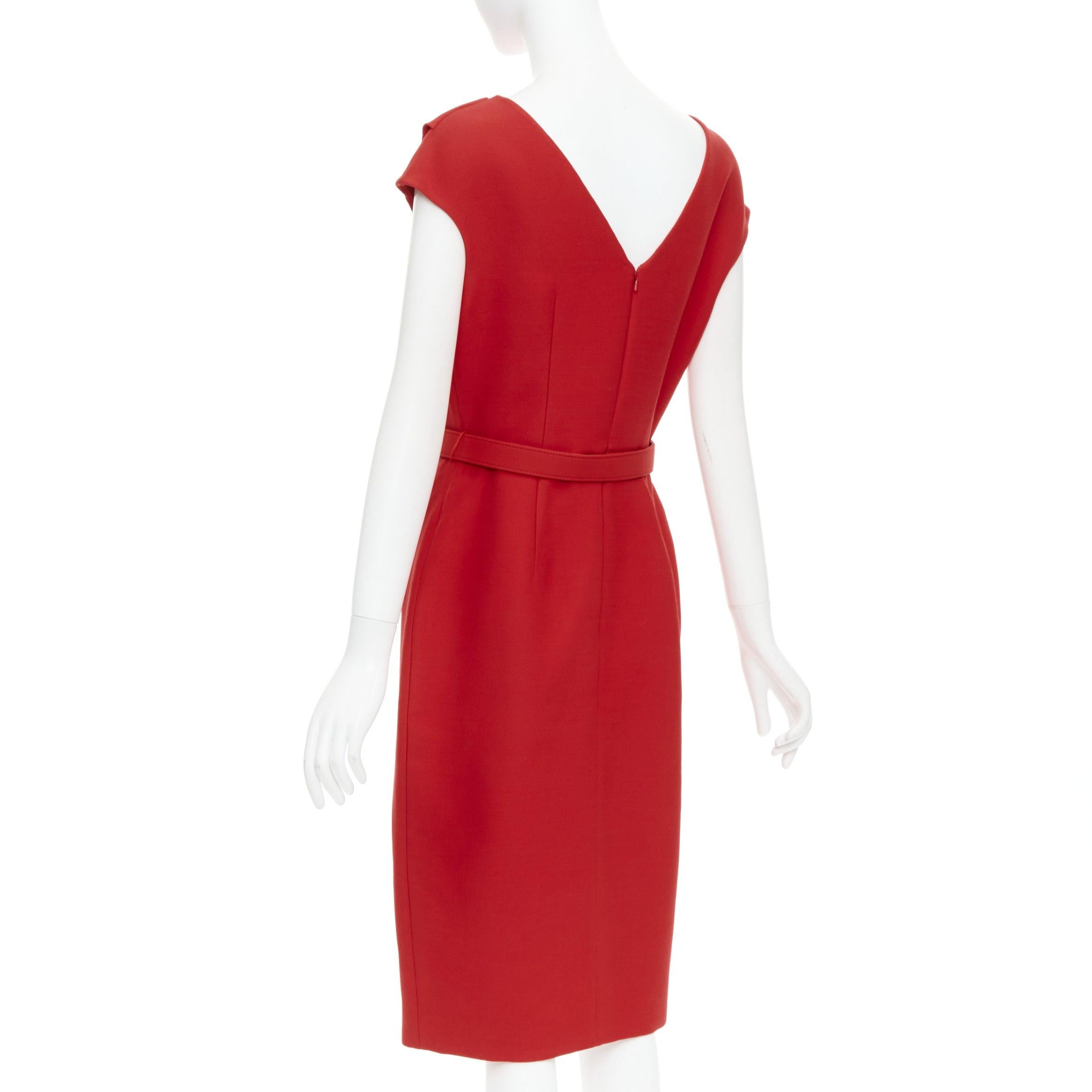 OSCAR DE LA RENTA R19 red wool silk cap sleeve belted sheath dress US8 L For Sale 2