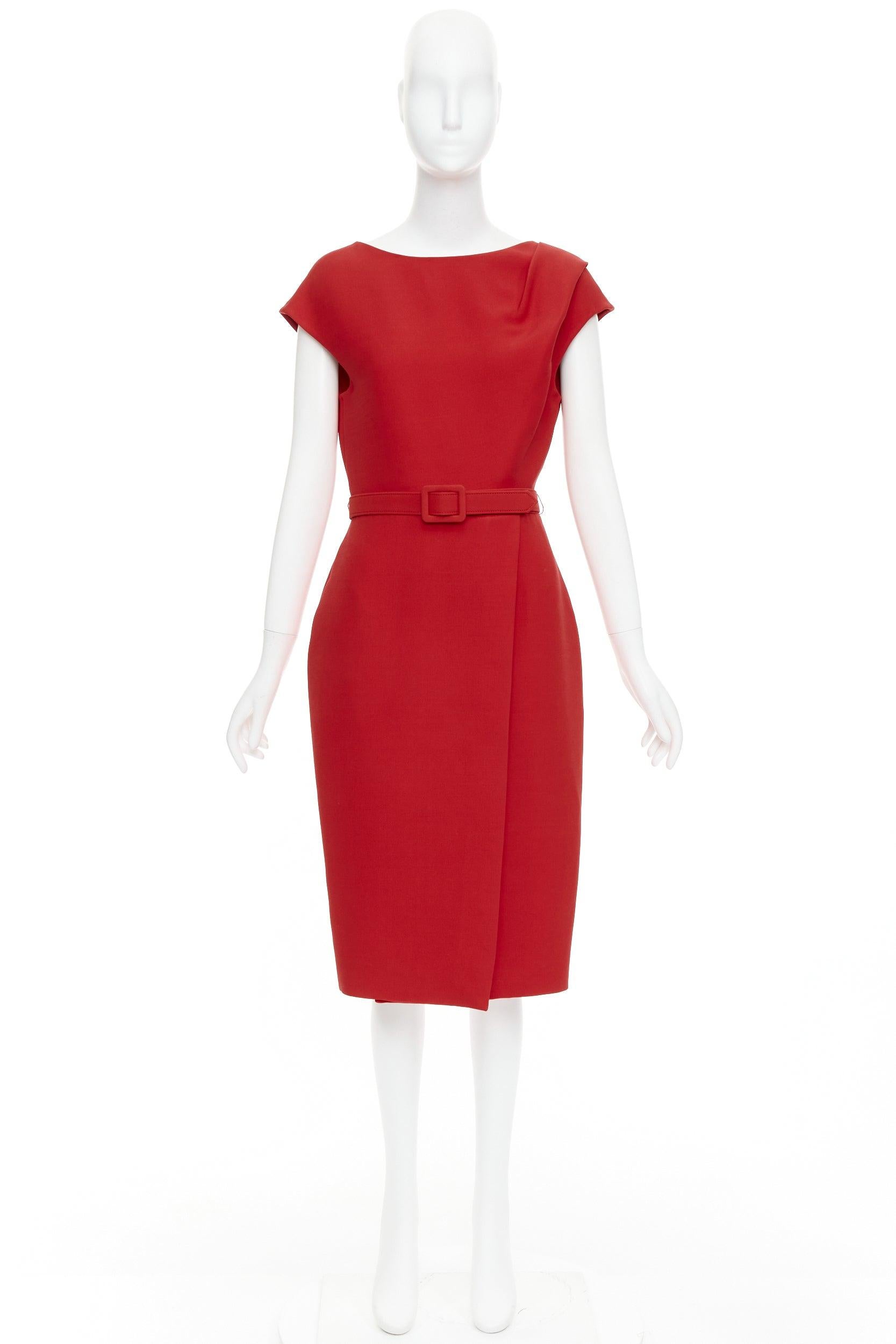 OSCAR DE LA RENTA R19 red wool silk cap sleeve belted sheath dress US8 L For Sale 5