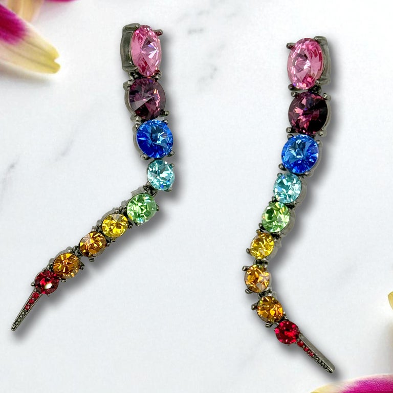 Boucles D'oreilles Oscar De La Renta - Fleur Bleue Avec Goutte De Cristal, Plaqué Or, Neuf Sans Emballage