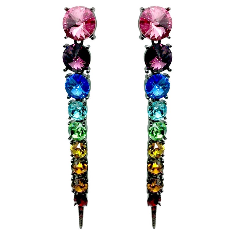 Boucles D'oreilles Oscar De La Renta Fleur Bleue Et Cristal - Pendantes, Plaqué Or, Neuf Sans Boîte