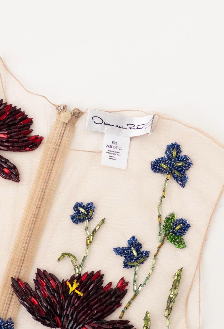 Oscar De La Renta Rare Top à fleurs brodées et perlées Sz US4 en vente 1