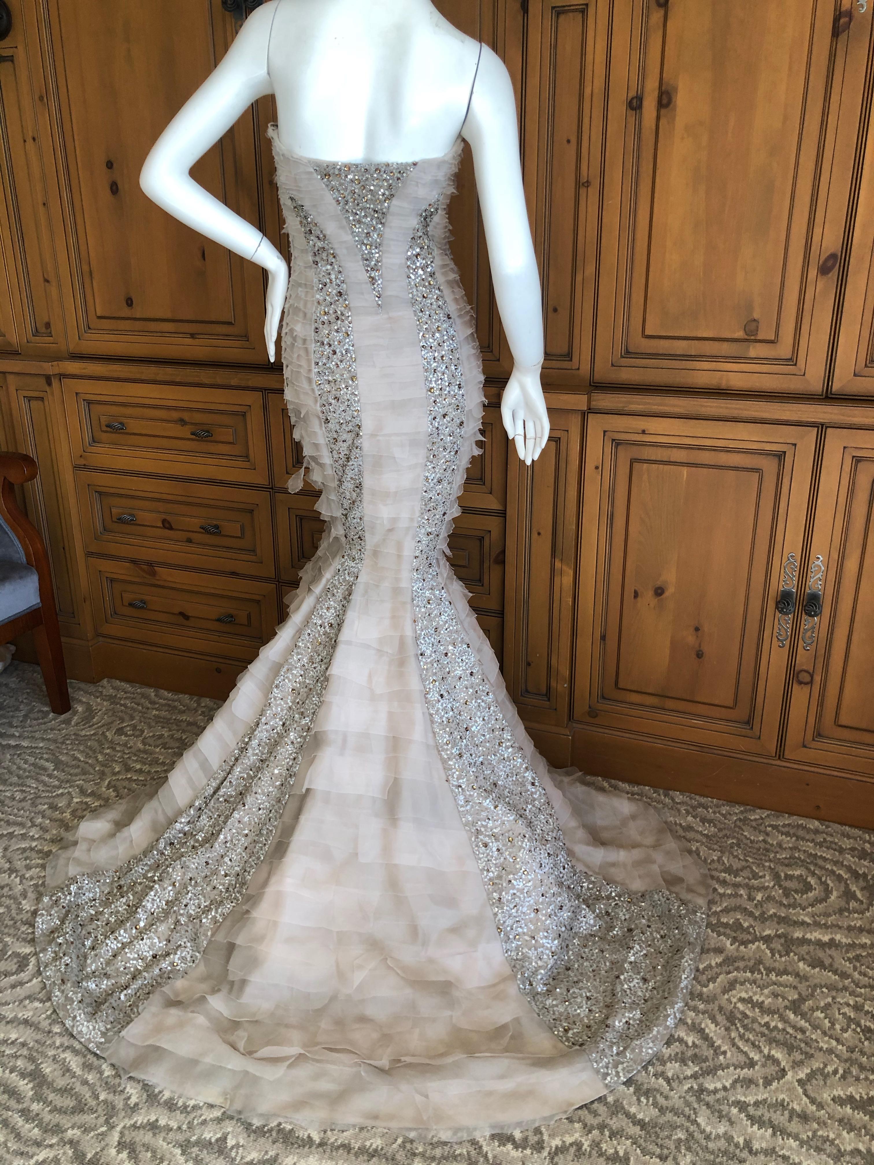 Oscar de la Renta Raw Edge Embellished Layered Mermaid Dress with Inner Boned Corset
Simply Stunning. Please use the zoom feature to see all the remarkable details.
This is very tight in the thigh and knee area, a true mermaid dress.
Size 2, there