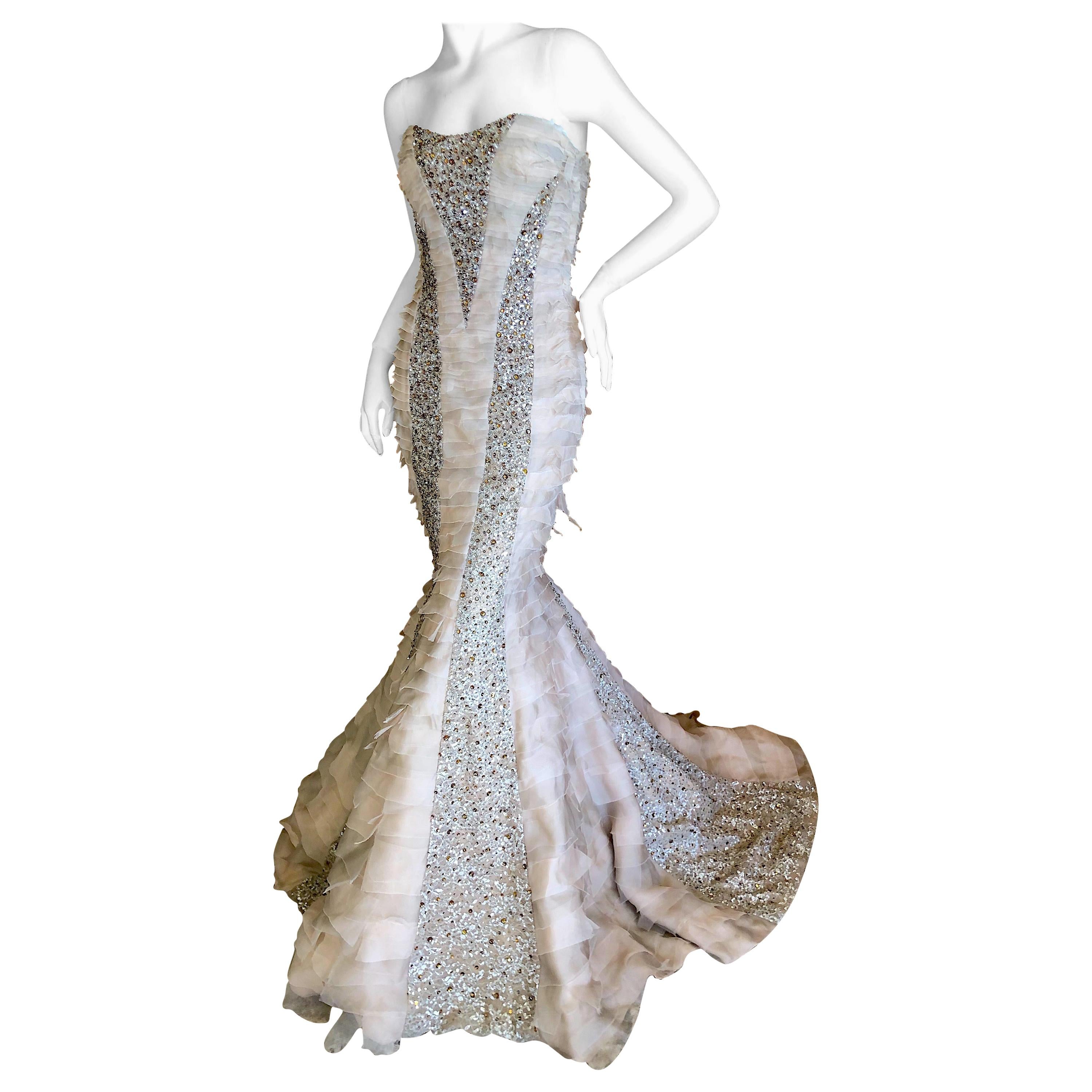 Oscar de la Renta Raw Edge Embellished Layered Mermaid Dress w Inner Corset Sz 2 For Sale
