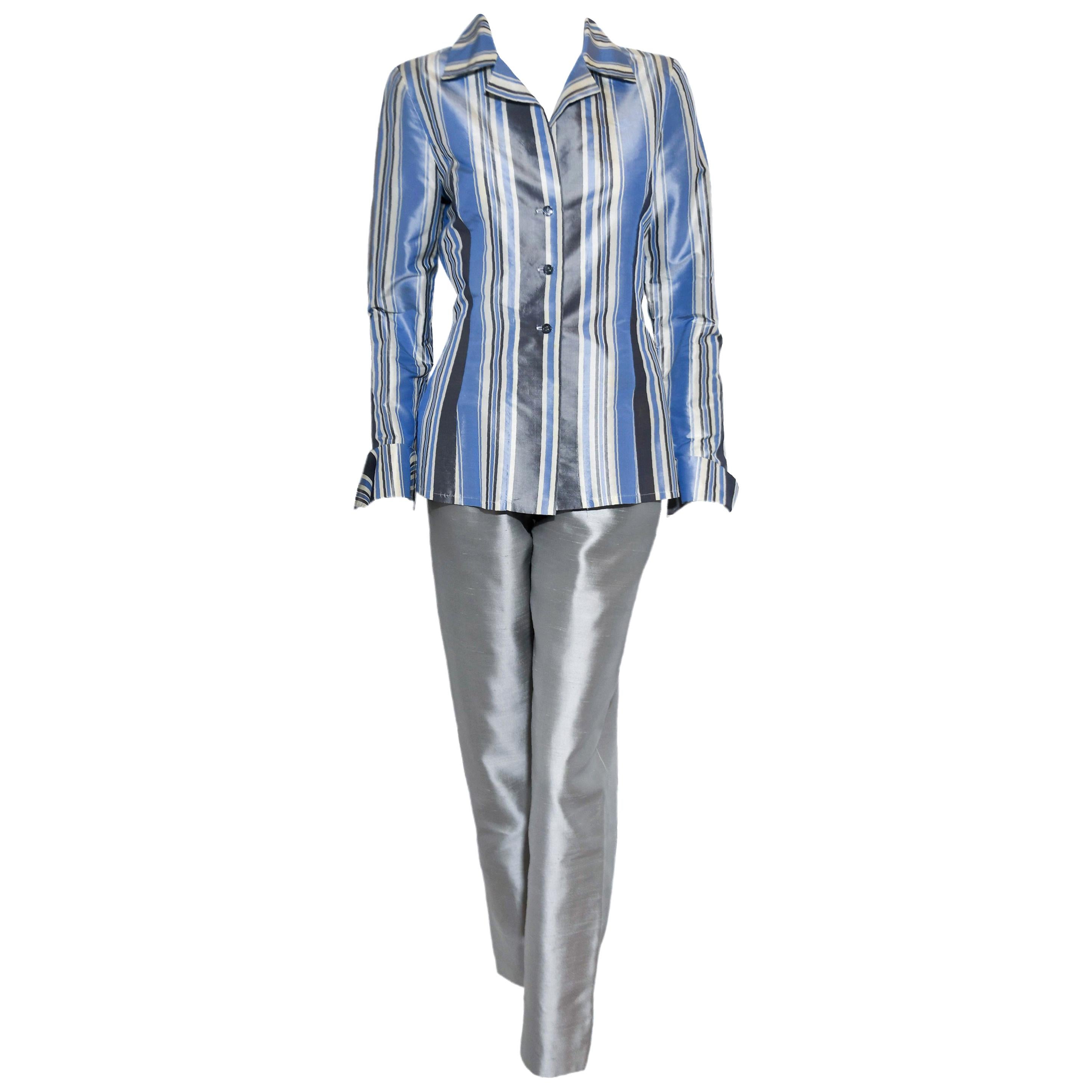 Oscar de la Renta Raw Silk Multi Color Striped Jacket Pant Suit  For Sale