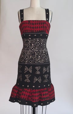 Oscar de la Renta Red and Black Tribal Print Dress with Ruffle Bottom