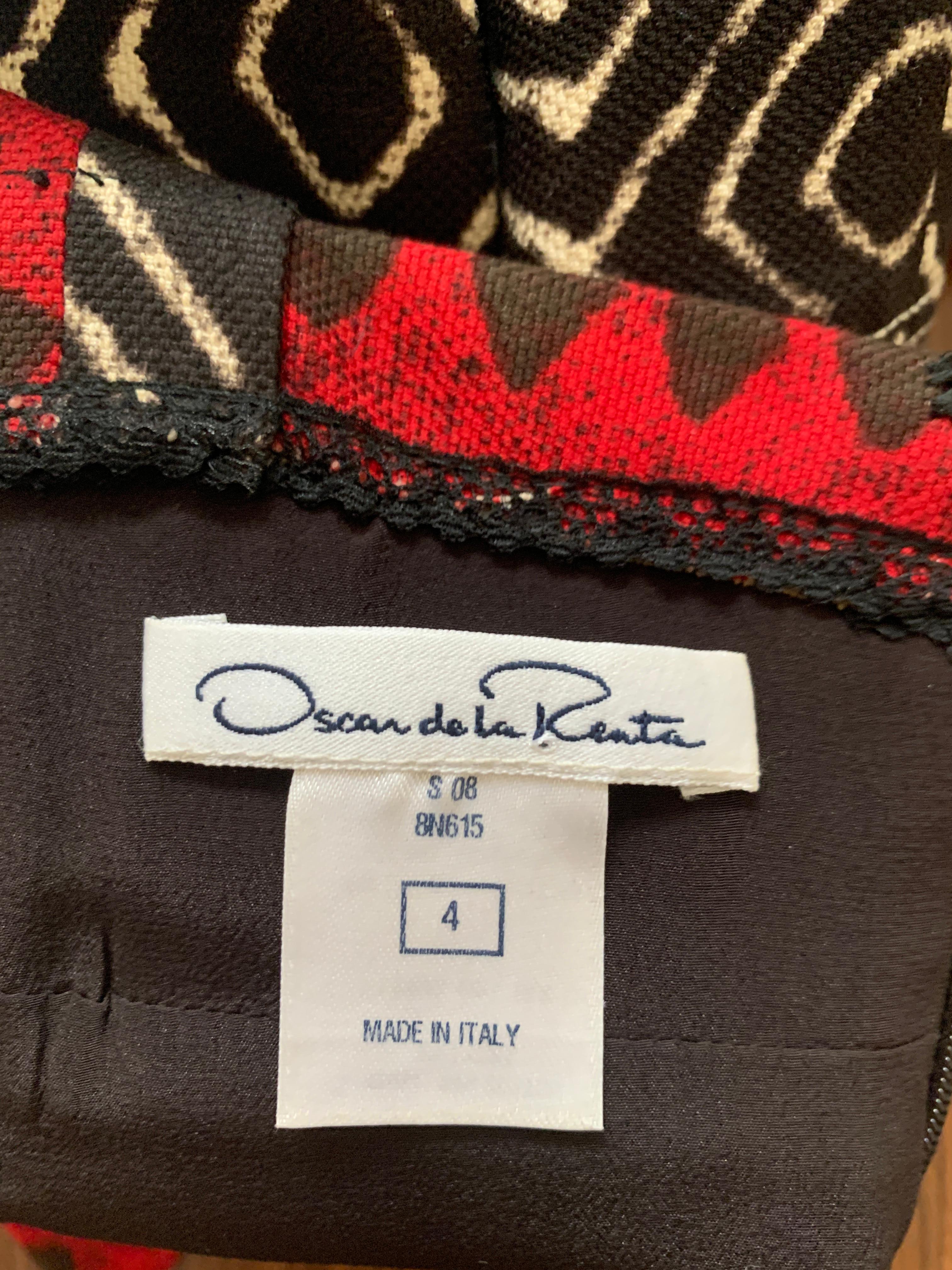 Oscar de la Renta Red and Black Tribal Print Dress with Ruffle Bottom In Excellent Condition In San Francisco, CA