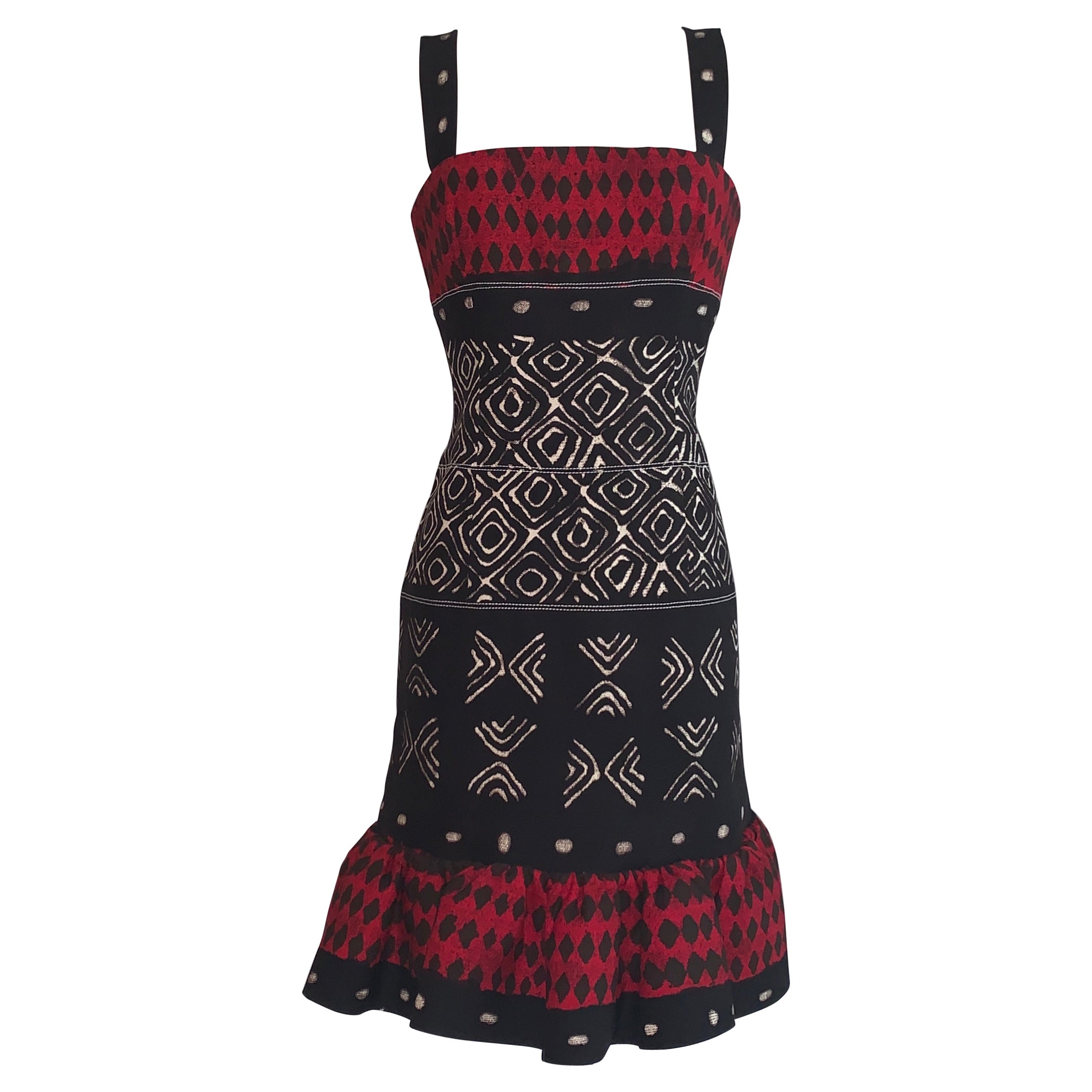 Oscar de la Renta - Robe à imprimé tribal rouge et noir avec dos à volants