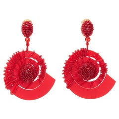 OSCAR DE LA RENTA red beaded acrylic spiral shell dangling clip on earrings pair