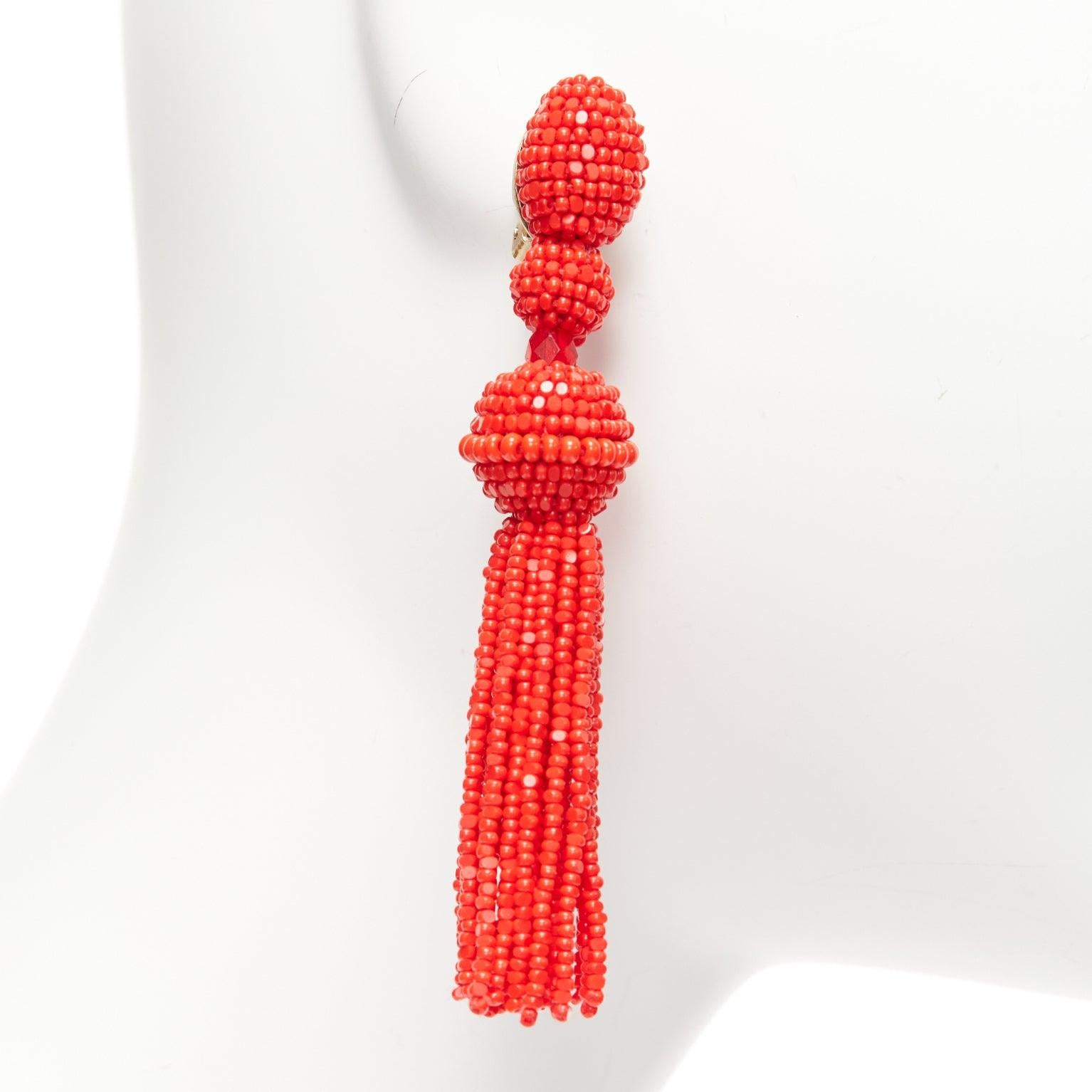 OSCAR DE LA RENTA red beaded tassel dangling chandelier clip on earrings pair For Sale 2
