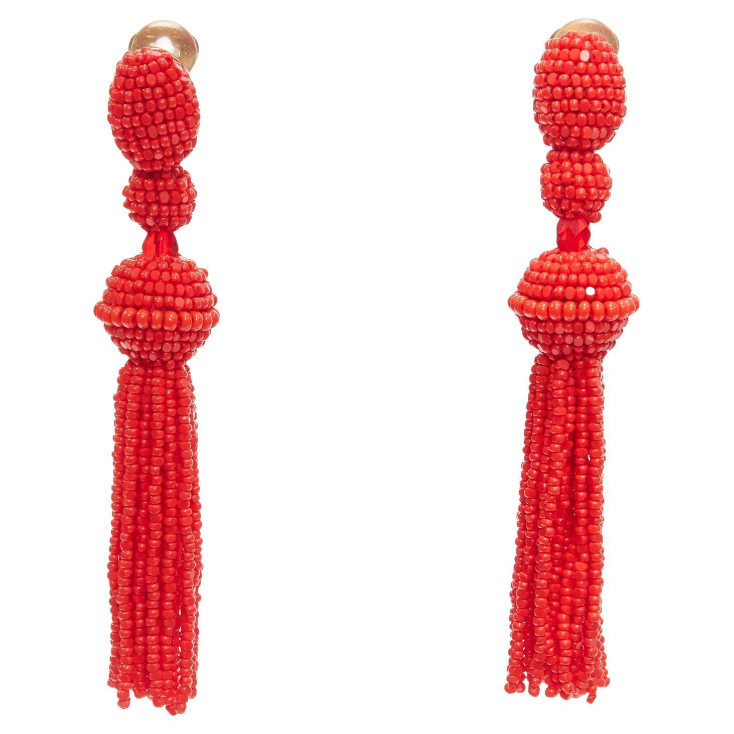 Oscar De La Renta, orecchini a clip con nappe di perline rosse e lampadario pendente