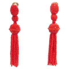 OSCAR DE LA RENTA red beaded tassel dangling chandelier clip on earrings pair