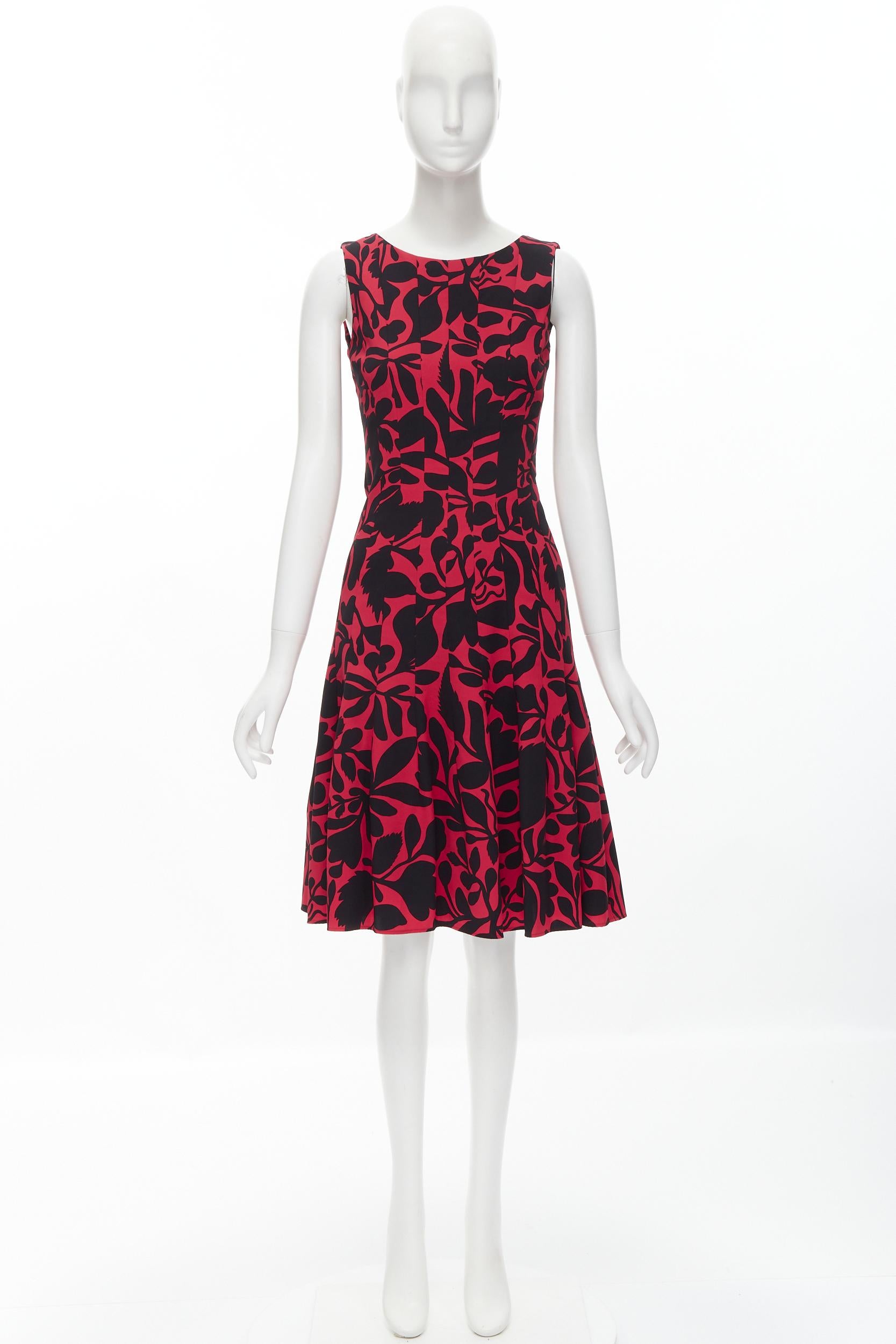 OSCAR DE LA RENTA red black floral print panelled fit flared dress XS For Sale 5