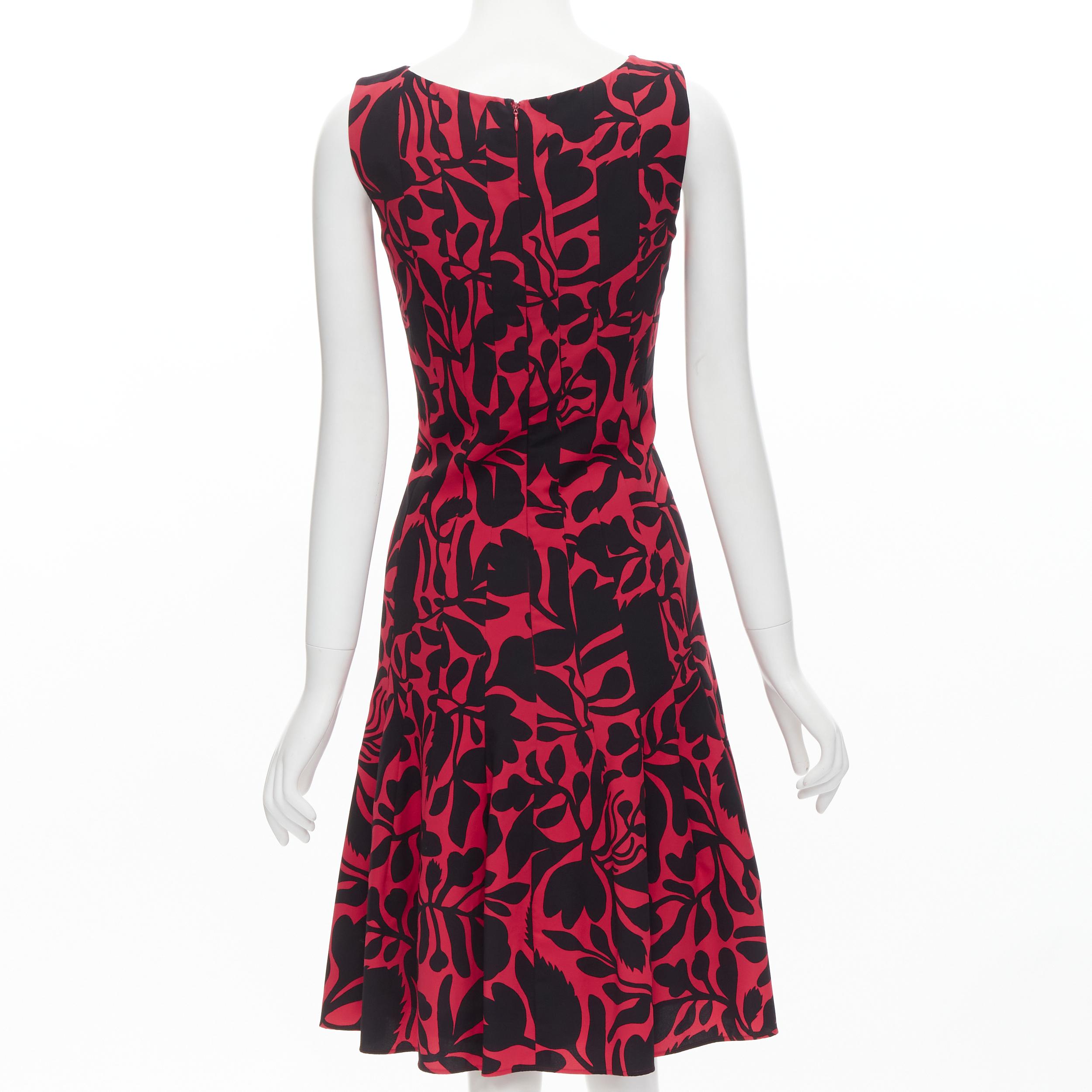 Women's OSCAR DE LA RENTA red black floral print panelled fit flared dress XS For Sale