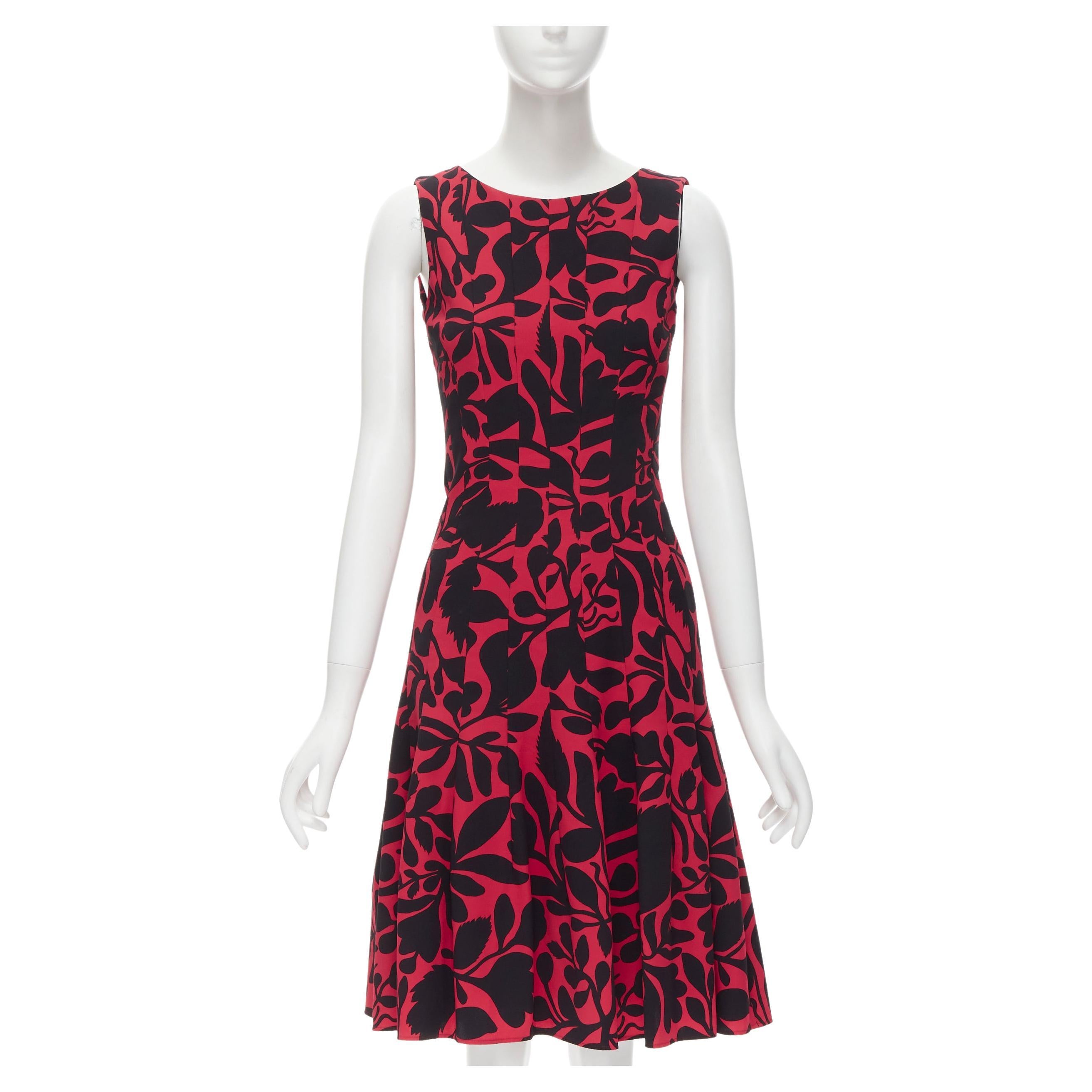 OSCAR DE LA RENTA red black floral print panelled fit flared dress XS For Sale