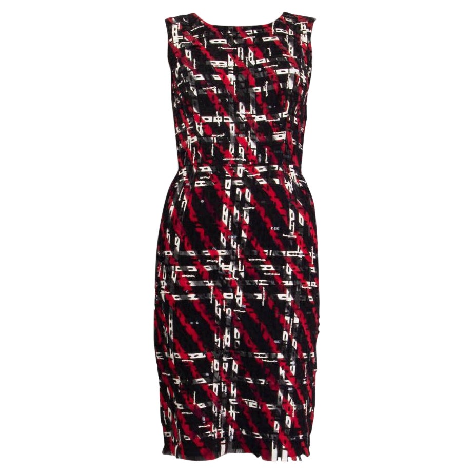 OSCAR DE LA RENTA - Robe fourreau en soie rouge noire et noire en sequins et cuir 0 XXS