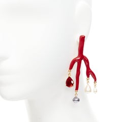 OSCAR DE LA RENTA red coral branch crystal faux pearl droplet pin earrings pair