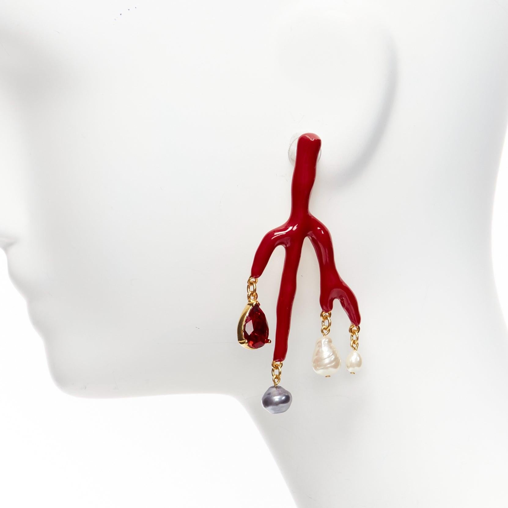 Women's OSCAR DE LA RENTA red coral branch crystal faux pearl droplet pin earrings pair For Sale