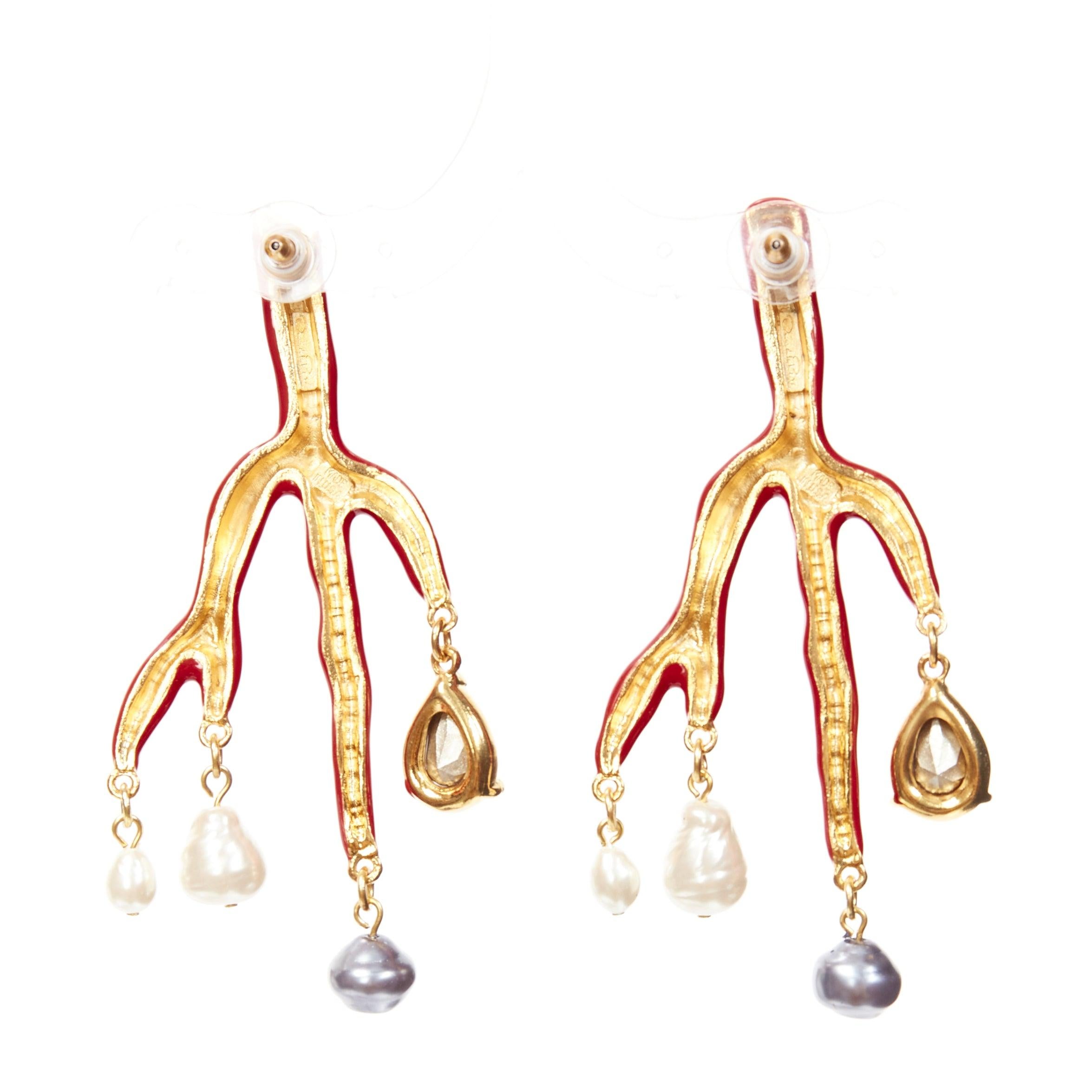OSCAR DE LA RENTA red coral branch crystal faux pearl droplet pin earrings pair For Sale 1