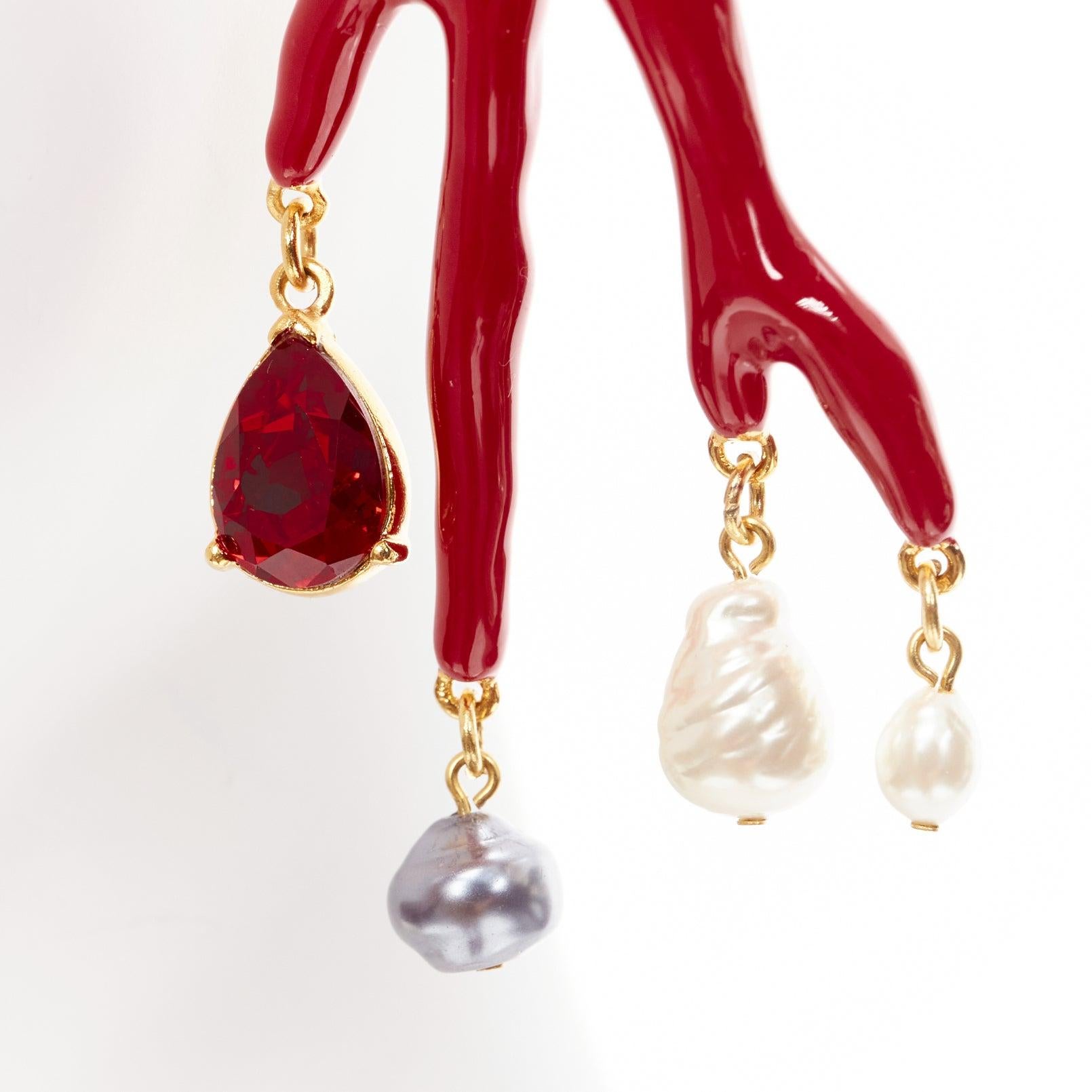 OSCAR DE LA RENTA red coral branch crystal faux pearl droplet pin earrings pair For Sale 3