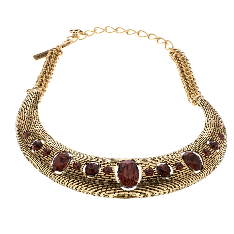 Contemporary Oscar de la Renta Red Crystal Gold Tone Necklace