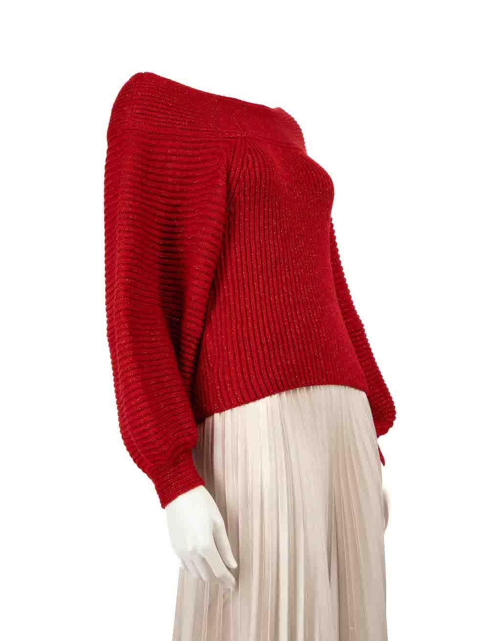 CONDITION is Very good. Hardly any visible wear to the knitwear is evident on this used Oscar de la Renta designer resale item.
 
 
 
 Details
 
 
 Red
 
 Wool
 
 Knit jumper
 
 Metallic thread
 
 Long puff sleeves
 
 Off the shoulder
 
 Stretchy
 
