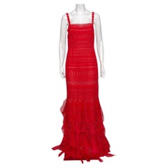 Oscar de la Renta Red Guipure Lace & Ruffled Silk Trimmed Cockail Dress L