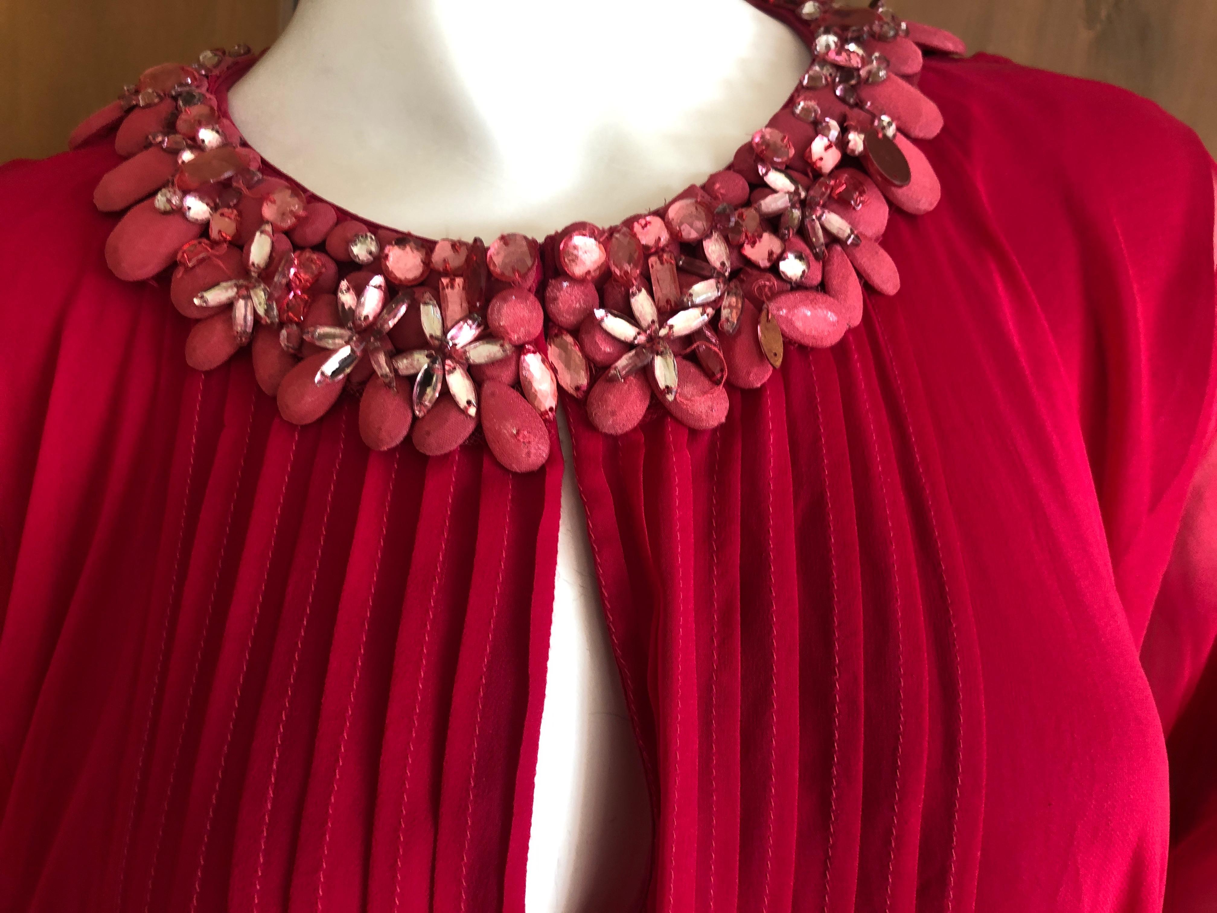 Women's or Men's Oscar de la Renta Red Pleated Silk Chiffon Caftan with Jeweled Neckline For Sale