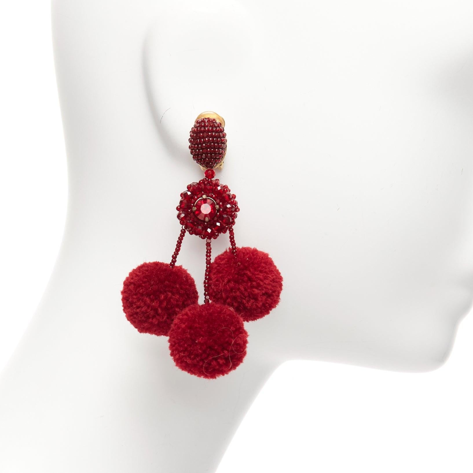 OSCAR DE LA RENTA red pompom beads embellished dangling clip on earrings pair For Sale 1