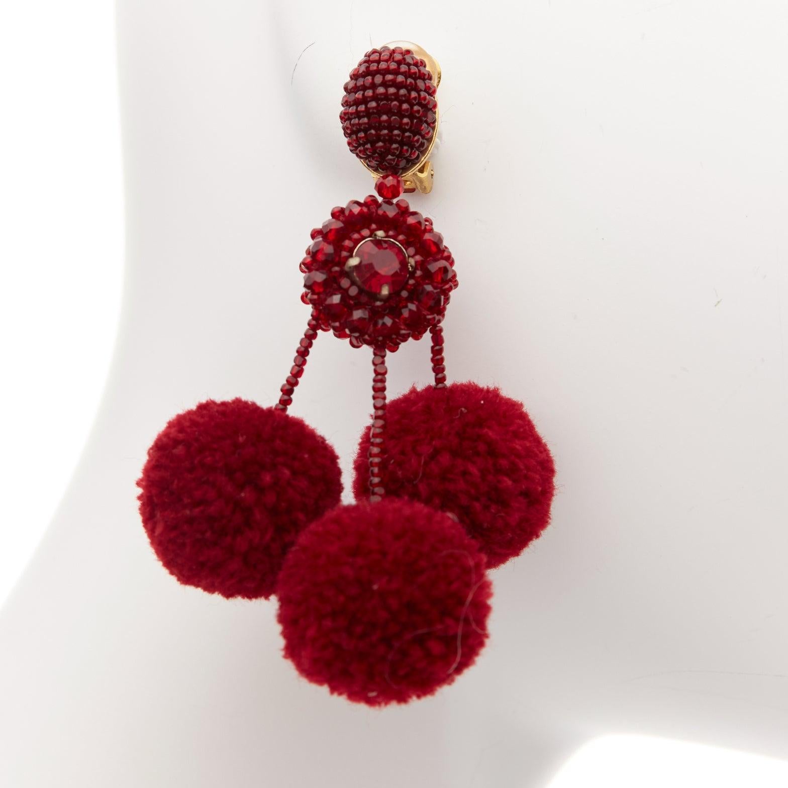 OSCAR DE LA RENTA red pompom beads embellished dangling clip on earrings pair For Sale 2