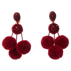 OSCAR DE LA RENTA red pompom beads embellished dangling clip on earrings pair
