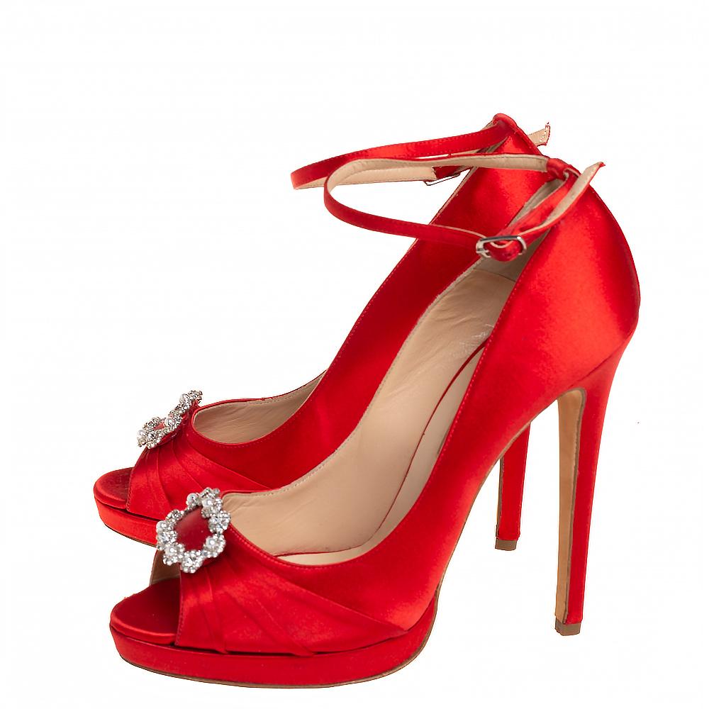 Oscar de la Renta Red Satin Crystal Embellished Peep Toe Strap Pumps Size 40 1