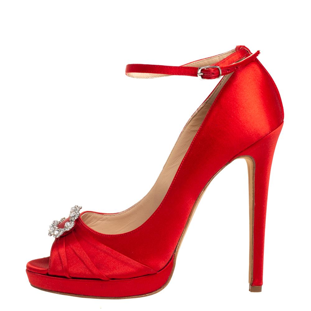 Oscar de la Renta Red Satin Crystal Embellished Peep Toe Strap Pumps Size 40 2