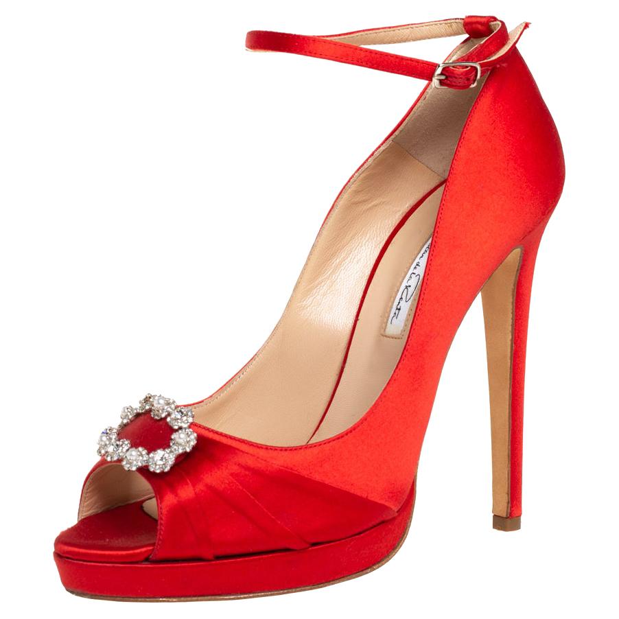 Oscar de la Renta Red Satin Crystal Embellished Peep Toe Strap Pumps Size 40