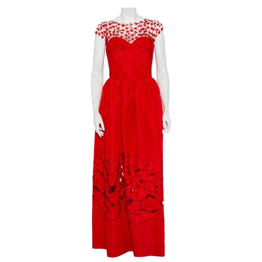 Oscar de la Renta Red Sequin Floral Embellished Cutout Detail Ball Gown L