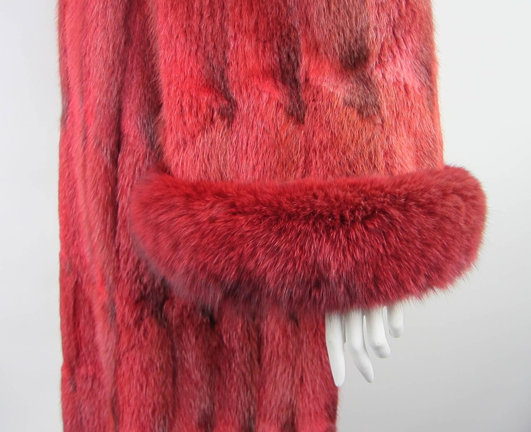 Oscar De La Renta Red Sheared Mink Fur & Fox Full Length Coat In Excellent Condition In Wallkill, NY