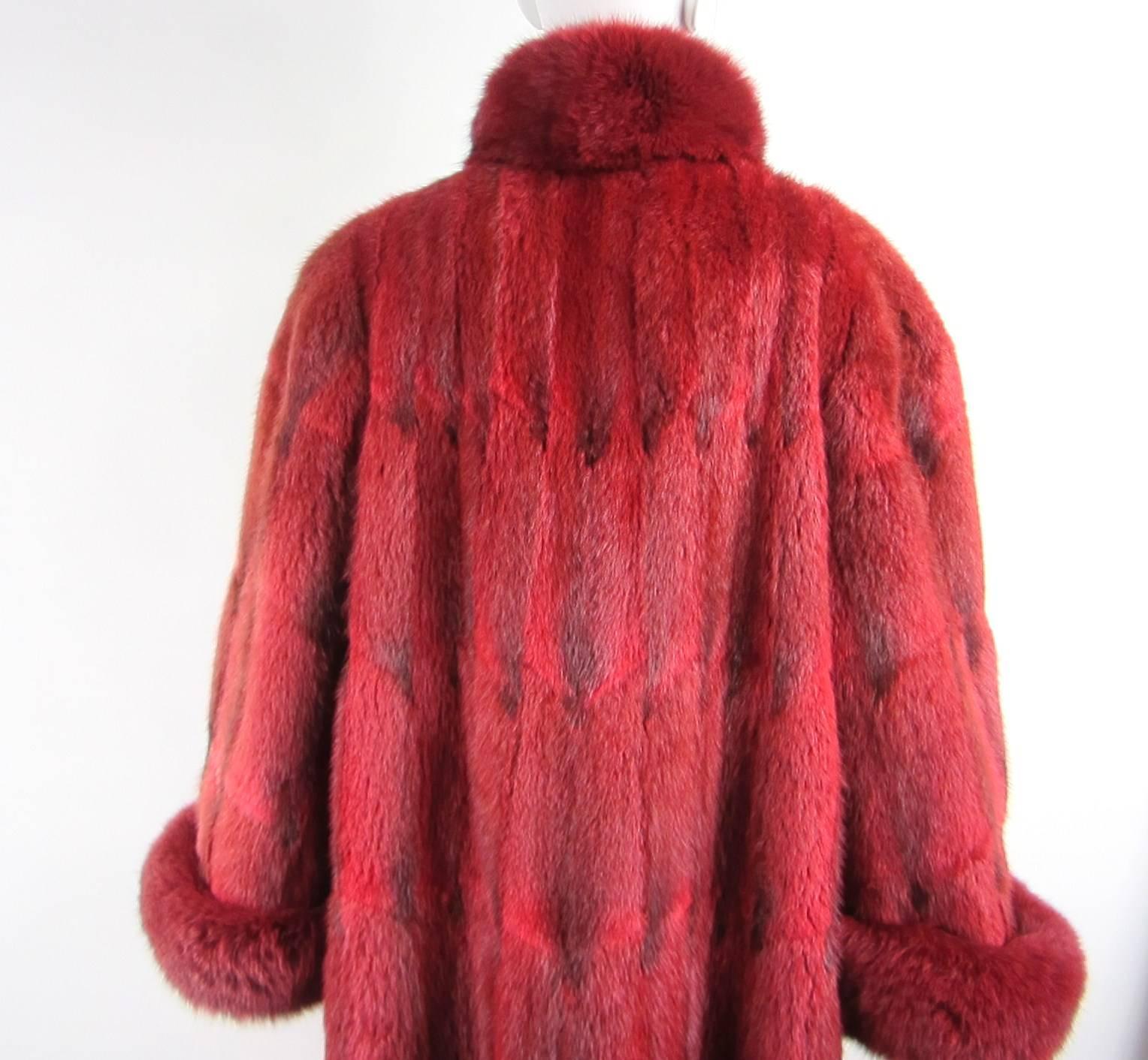 Women's Oscar De La Renta Red Sheared Mink Fur & Fox Full Length Coat