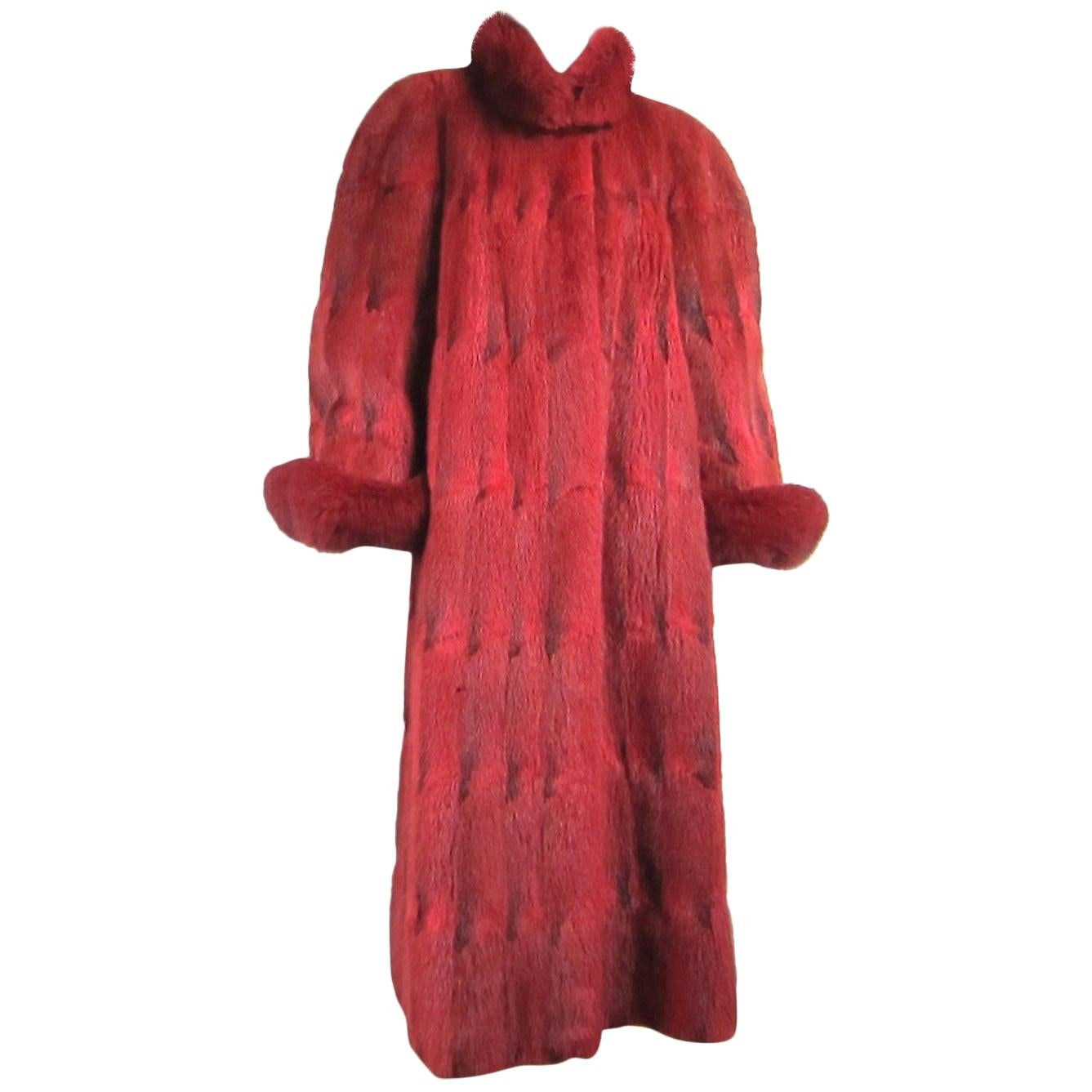 Oscar De La Renta Red Sheared Mink Fur & Fox Full Length Coat