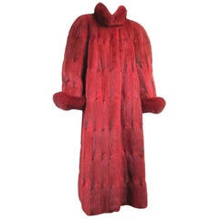 Used Oscar De La Renta Red Sheared Mink Fur & Fox Full Length Coat