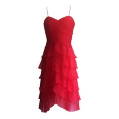 Oscar de la Renta Red Silk Chiffon Tiered Skirt Party Dress, 1990s