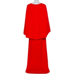Oscar de la Renta Red Silk Crepe Cape Detail Gown M