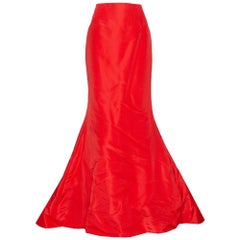 Oscar de la Renta Red Silk Faille Flared Maxi Skirt L