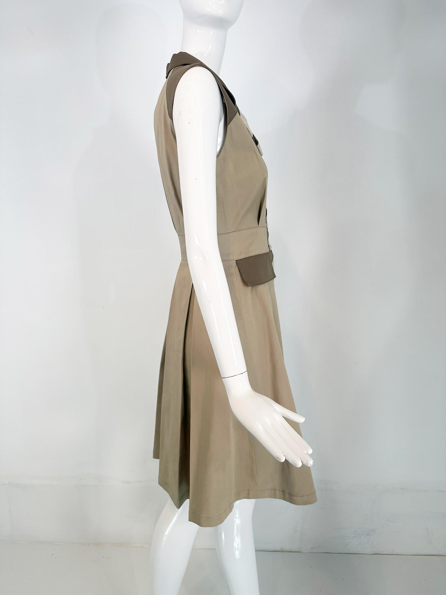Oscar de la Renta Resort 2011 Two Tone Khaki Twill & Leather Safari Style Dress For Sale 5
